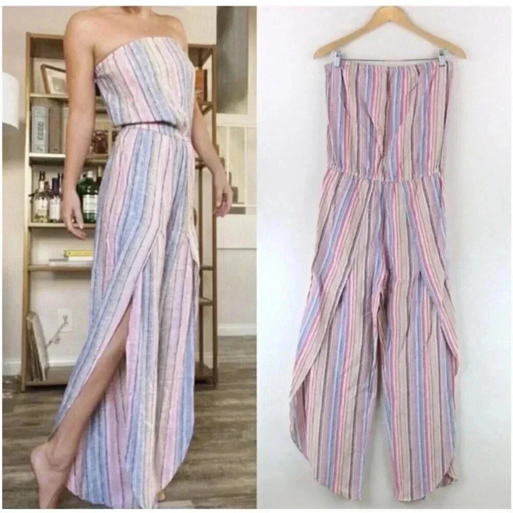 Anthropologie Drew Emerson Jumpsuit Size Large Strapless Tulip Hem Linen Blend